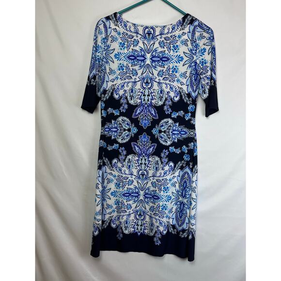 Eliza J Women's Size 4 Blue/White Knee Length Pullover Floral Print Knit Dress - Picture 6 of 8